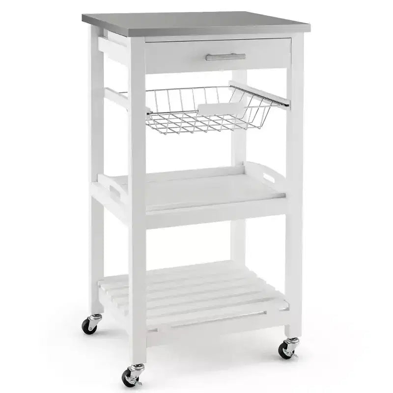 Desserte de cuisine compacte roulante avec plateau en acier inoxydable et panier