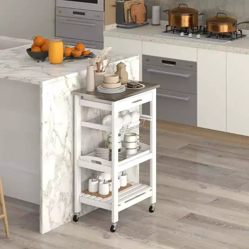 Desserte de cuisine compacte roulante avec plateau en acier inoxydable et panier