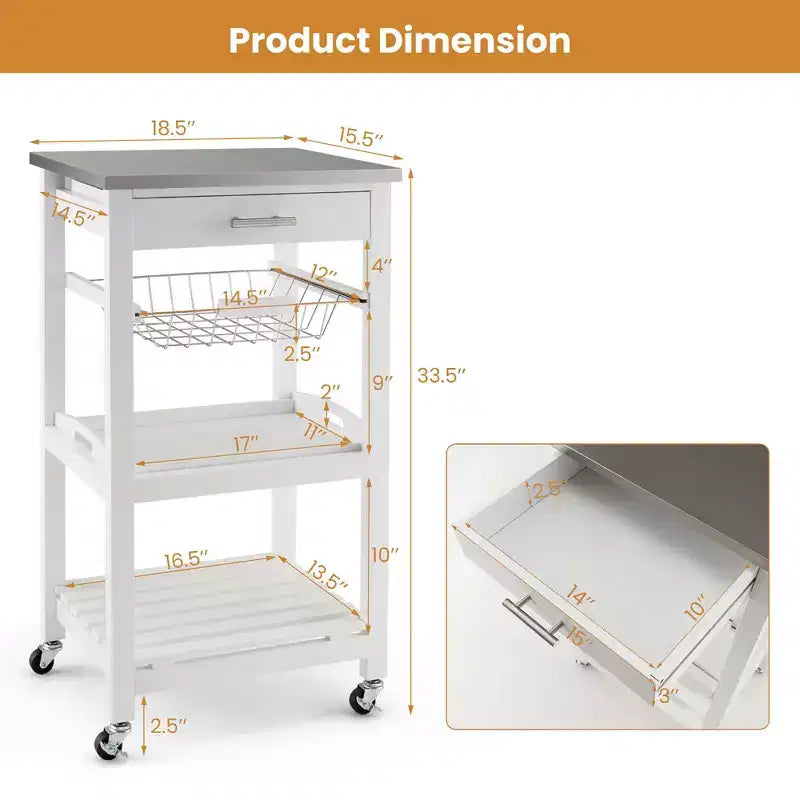 Desserte de cuisine compacte roulante avec plateau en acier inoxydable et panier