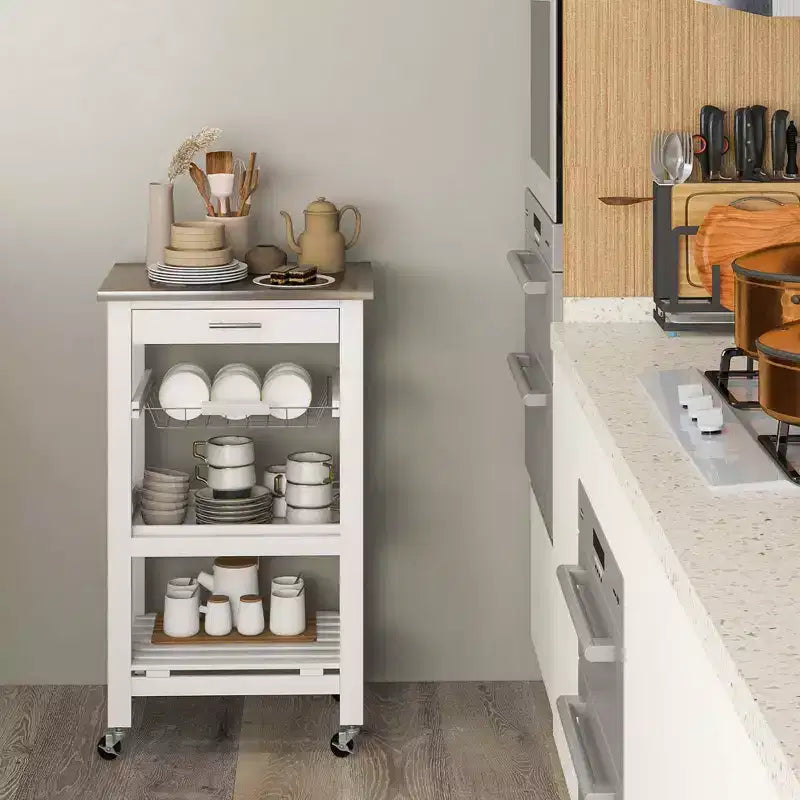 Desserte de cuisine compacte roulante avec plateau en acier inoxydable et panier