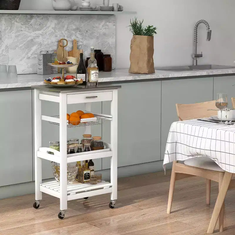 Desserte de cuisine compacte roulante avec plateau en acier inoxydable et panier