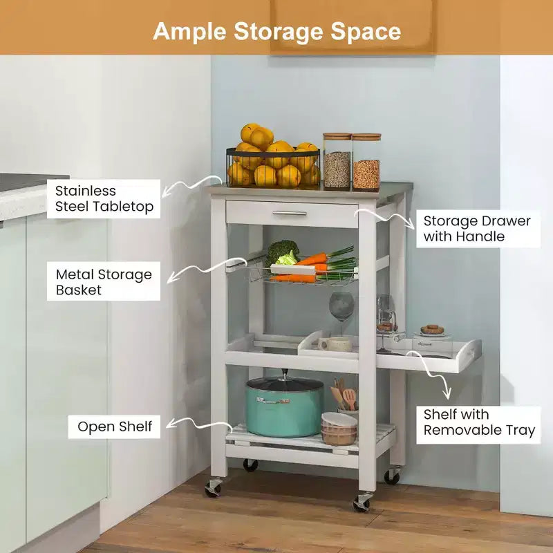 Desserte de cuisine compacte roulante avec plateau en acier inoxydable et panier