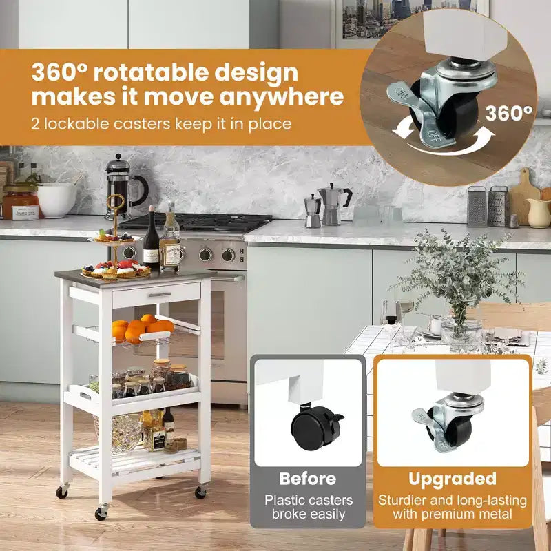 Desserte de cuisine compacte roulante avec plateau en acier inoxydable et panier
