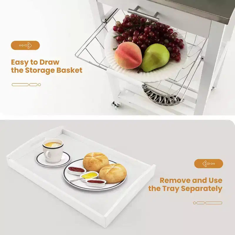 Desserte de cuisine compacte roulante avec plateau en acier inoxydable et panier