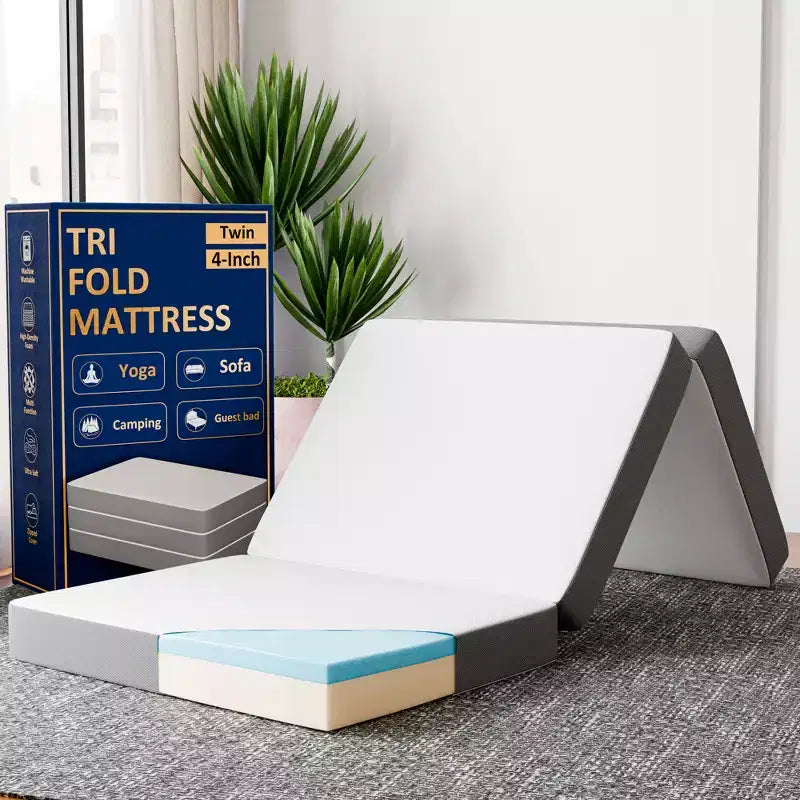 Continental Sleep 4 Portable Tri Folding Gel Memory Foam Mattress | Breathable Mesh Sides with Ultra Soft, Removable and Washable Cover.