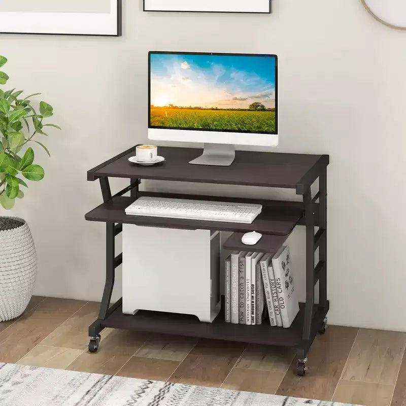 Bureau informatique mobile de 75 cm, chariot roulant pour ordinateur portable avec plateau de clavier coulissant et étagère