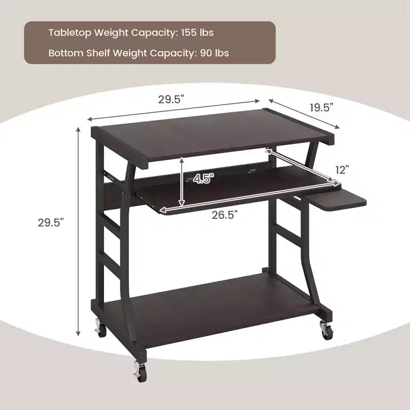 Bureau informatique mobile de 75 cm, chariot roulant pour ordinateur portable avec plateau de clavier coulissant et étagère