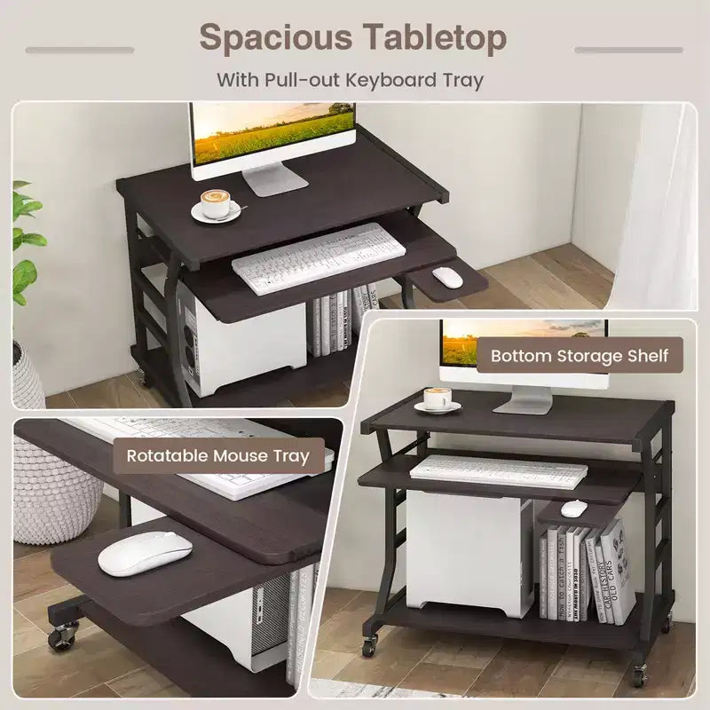 Bureau informatique mobile de 75 cm, chariot roulant pour ordinateur portable avec plateau de clavier coulissant et étagère